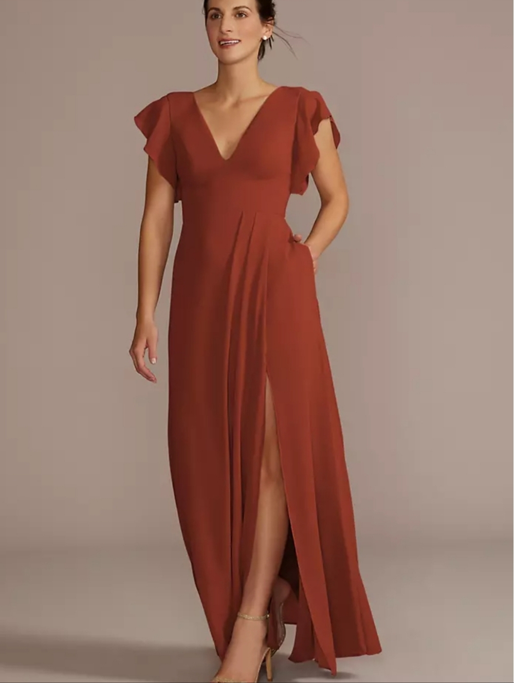 DB Studio Cinnamon Chiffon Bridesmaid Dress Romantic Soft Flutter Sleeve Size 2